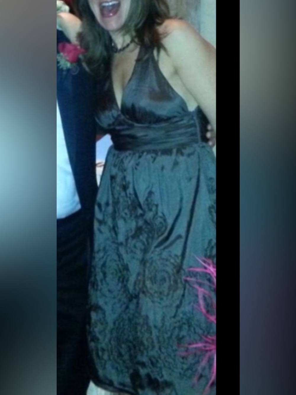 Smokey grey halter dress by Adrianna Papell boutique dress
